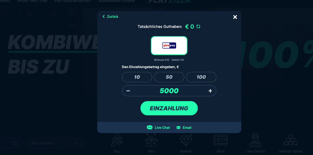 Einzahlung per GiroPay bei Playzilla