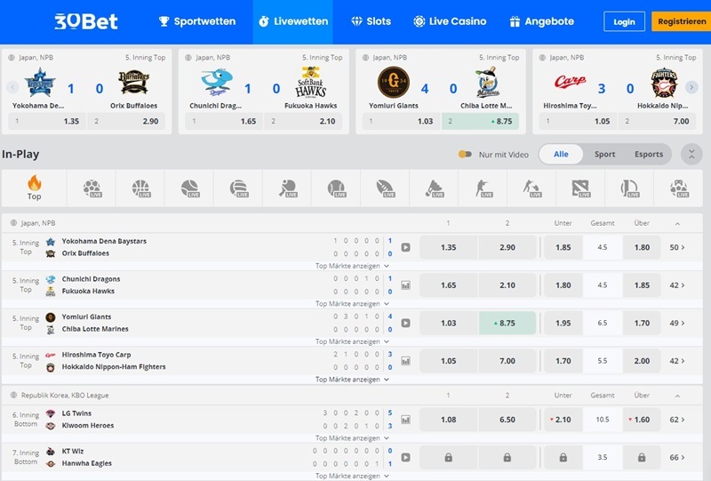 Screenshot des Sport-Angebot bei 30bet