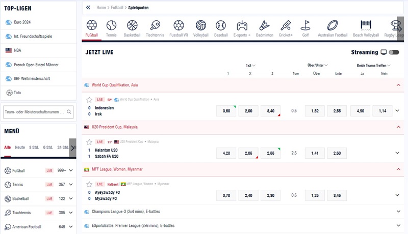 Screenshot des Sport-Angebot bei Bankonbet