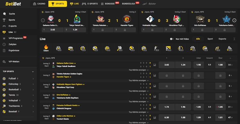 Screenshot des Sport-Angebots bei Betibet