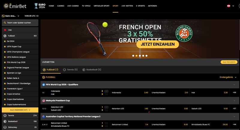 Screenshot des Sport-Angebots bei Emirbet