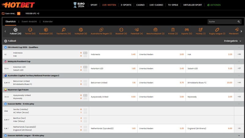 Screenshot des Sport-Angebots bei Hotbet