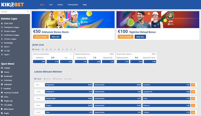 Screenshot des Sport-Angebots bei Kikobet