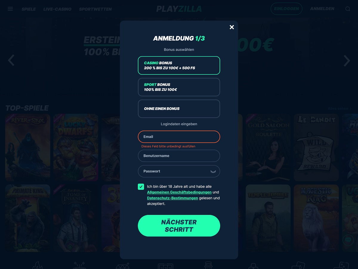 Playzilla Registrierung