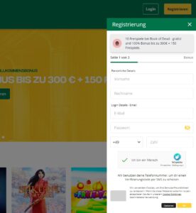 Schritt 1 der Anmeldung bei Qbet