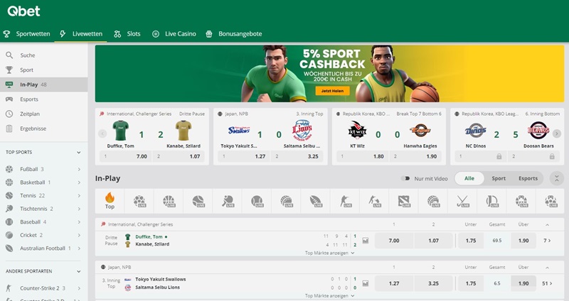 Screenshot des Sport-Angebots bei Qbet