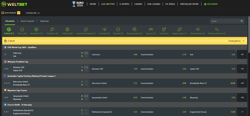 Screenshot des Sport-Angebots bei Weltbet