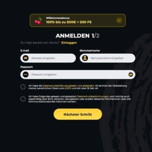 Schritt 1 der Anmeldung bei Boomerang Casino