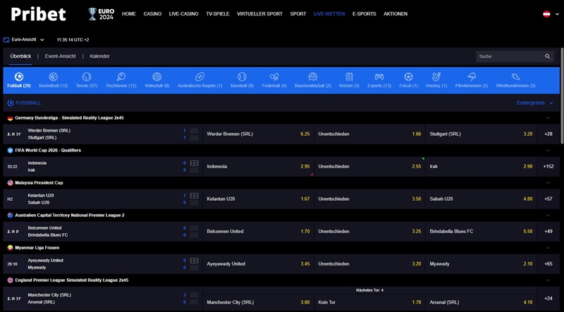 Screenshot des Sport-Angebots bei Pribet