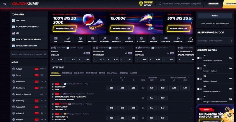Screenshot des Sport-Angebots bei Quickwin