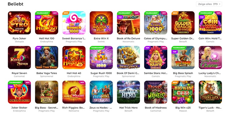 Screenshot des Slots-Angebots bei Verde Casino