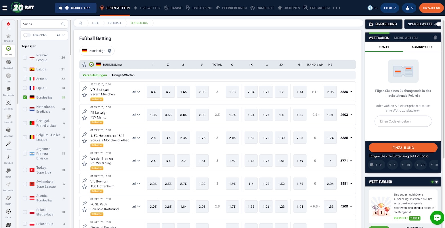 Wetten auf die Bundesliga bei 20Bet