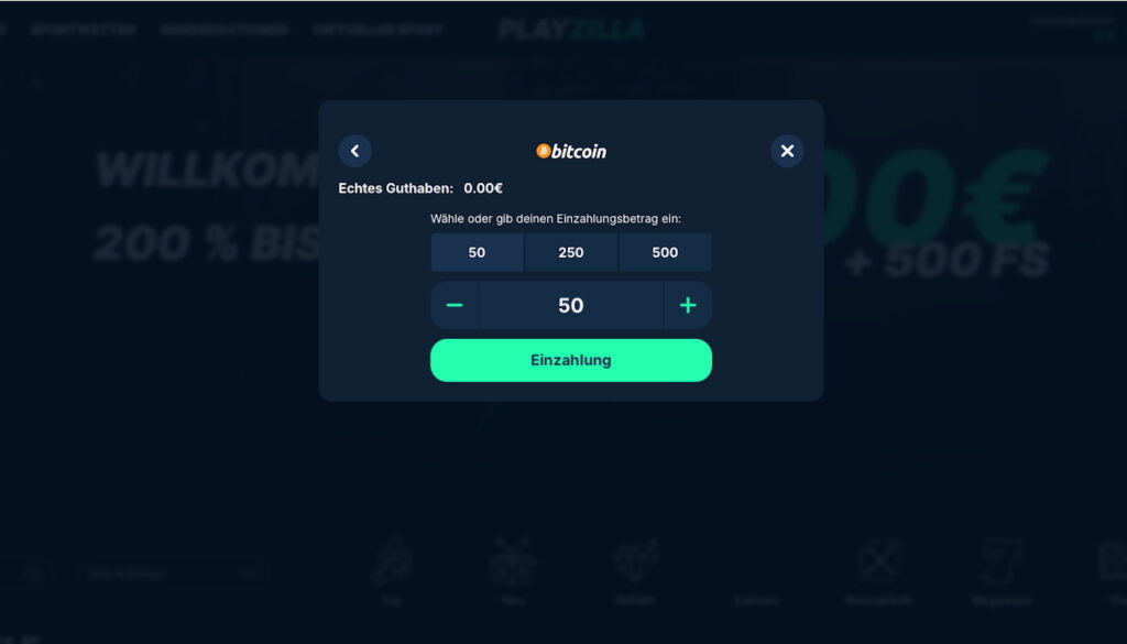Bitcoin Einzahlung bei Playzilla