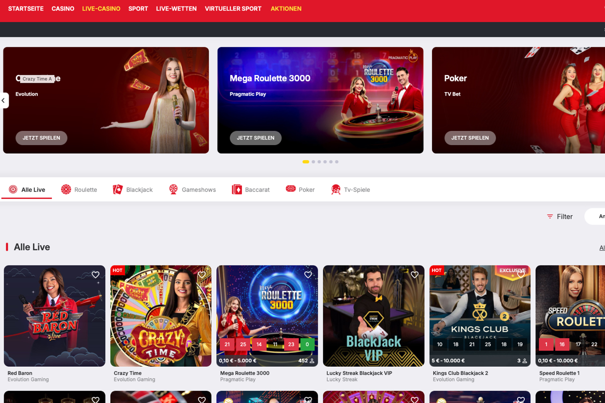 Live Casino Angebot bei Monoplay