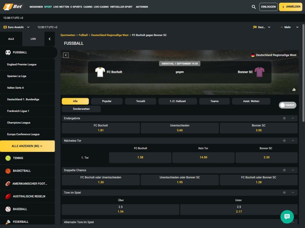 Wetten auf den FC Bocholt vs Bonner SC bei 1Bet