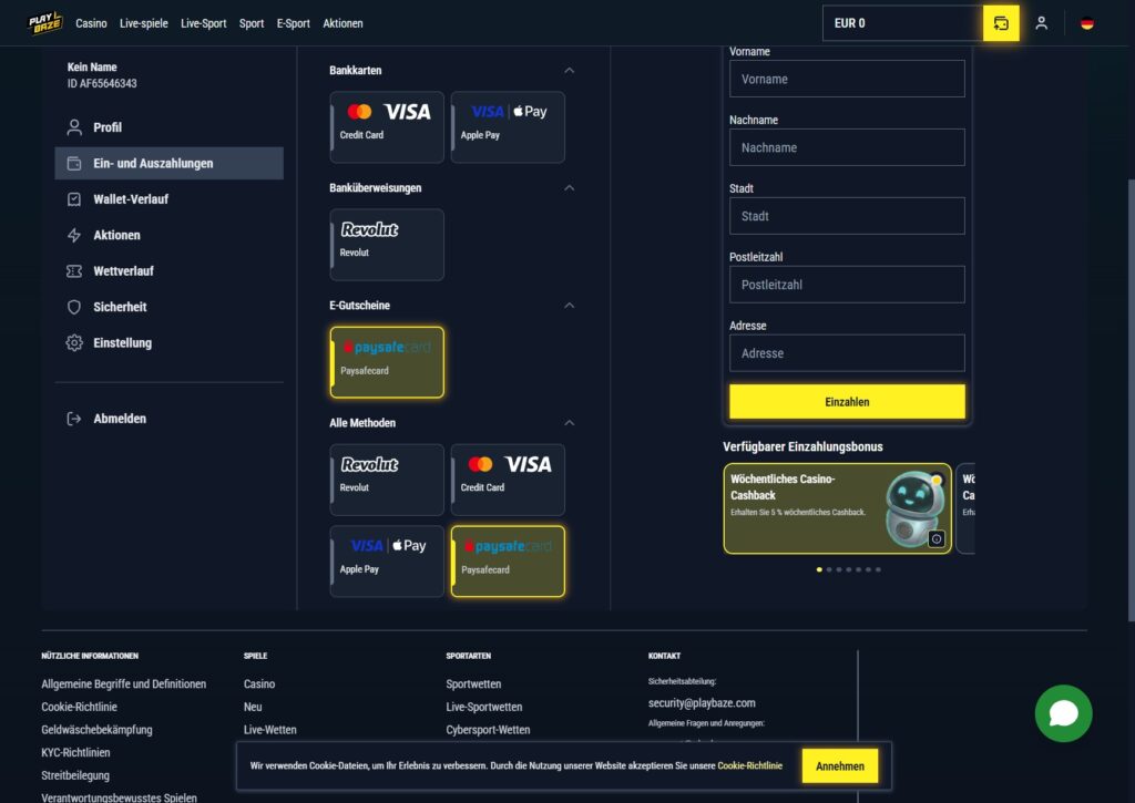 Paysafecard Einzahlung bei Playbaze